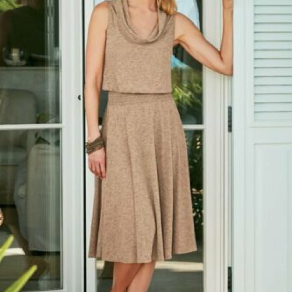 SOFT SURROUNDINGS Kerry tan cowl neck sleeveless neutral swing dress